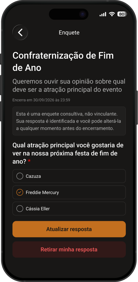 Tela de uma enquete consultiva no Consocia, com opções de resposta e botão para atualizar