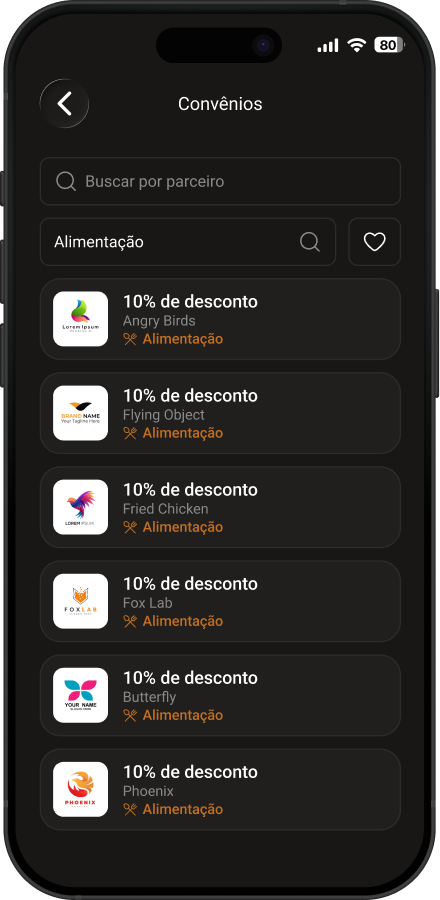 Tela de convênios do Consocia, com busca por categoria e lista de parceiros com desconto