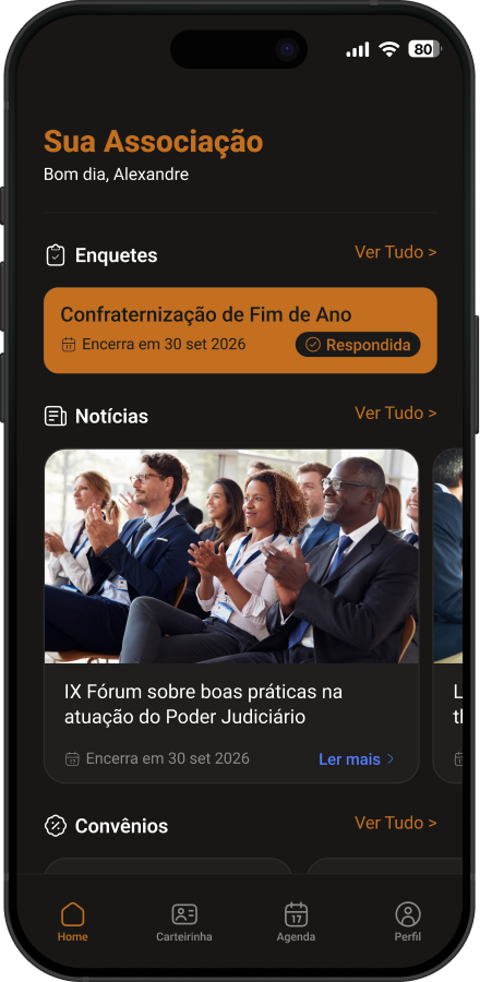 Tela inicial do Consocia (Sua Associação), com enquetes em aberto, notícias e convênios em destaque